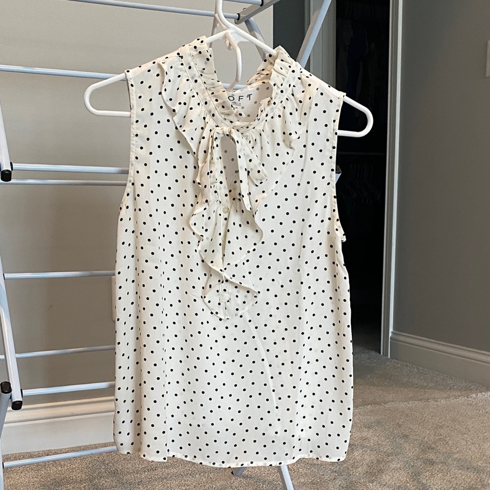 LOFT Black and White Polka Dot Ruffle Blouse